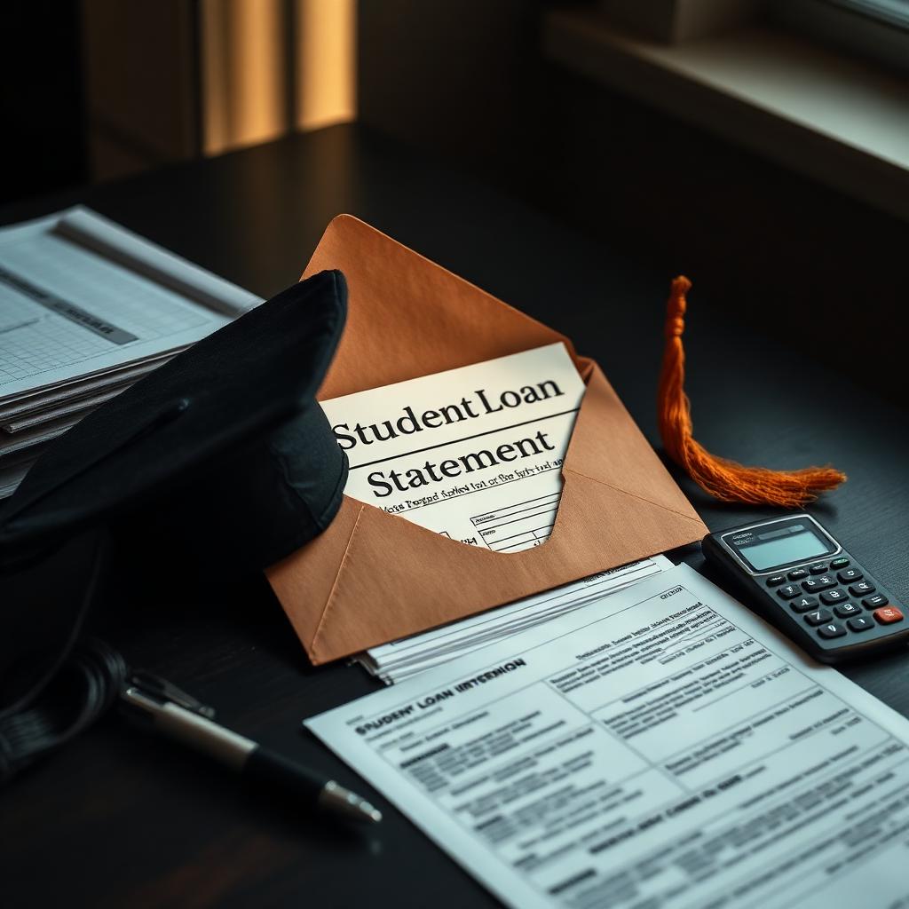 Opened envelope marked Student Loan Statement on a dark desk with a graduation cap, a stack of bills, a calculator and a pen.