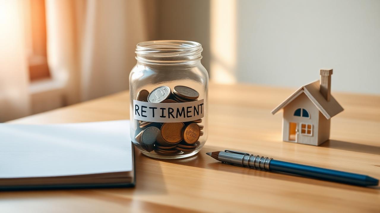 Glass jar labeled RETIREMENT filled with coins beside a small wooden house figurine and notebook, lit by warm afternoon light.