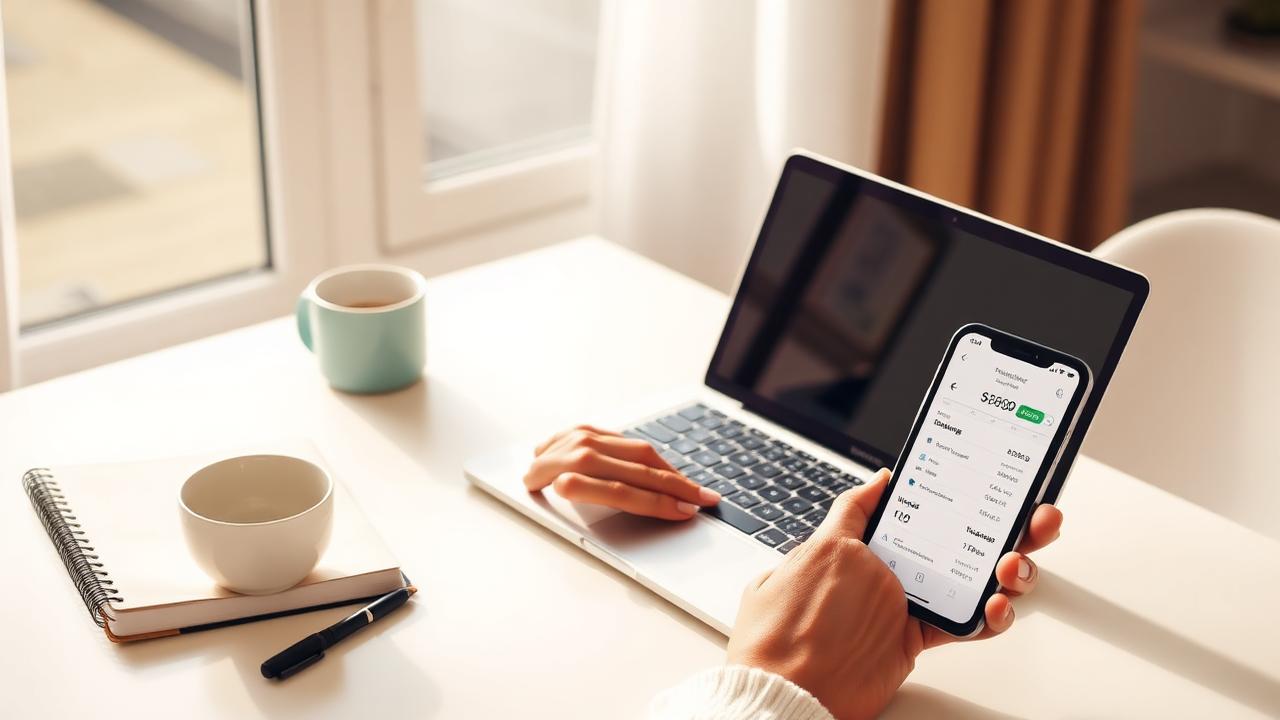 Person working from home on a laptop, holding a smartphone showing side income earnings, with a notebook and coffee on the desk.