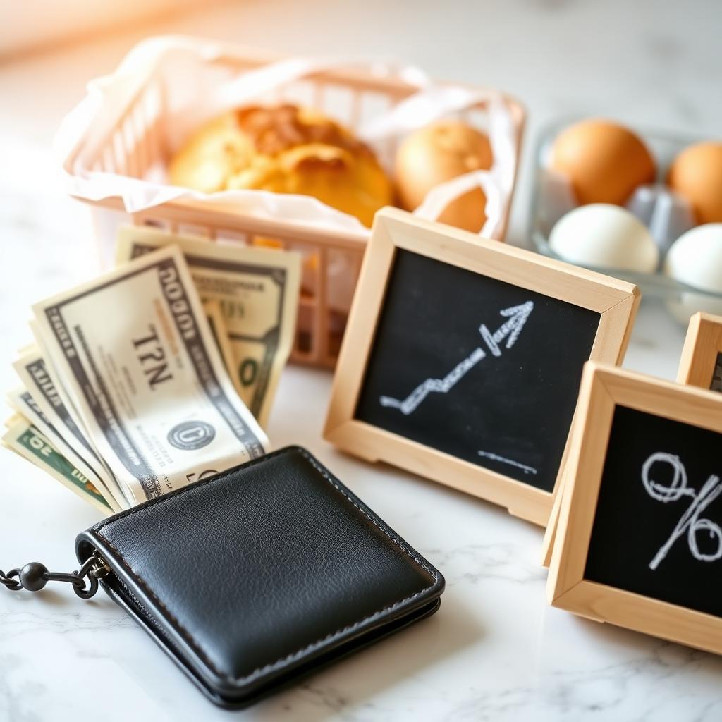 Open leather wallet with U.S. dollar bills next to a small chalkboard showing a rising arrow and percent sign, with bread and eggs in the background on a marble countertop.