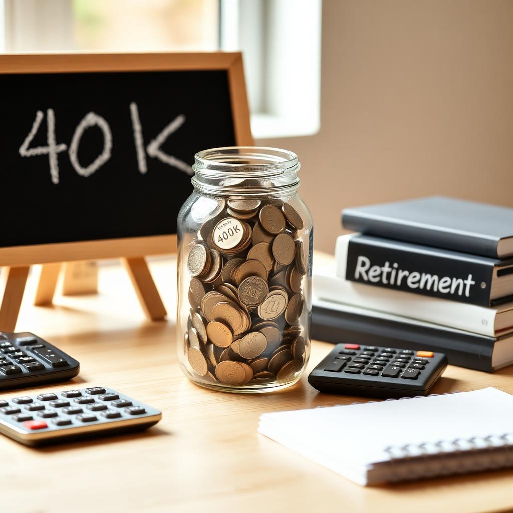Glass jar of coins labeled 401k next to a calculator and a small chalkboard reading Retirement on a wooden desk.