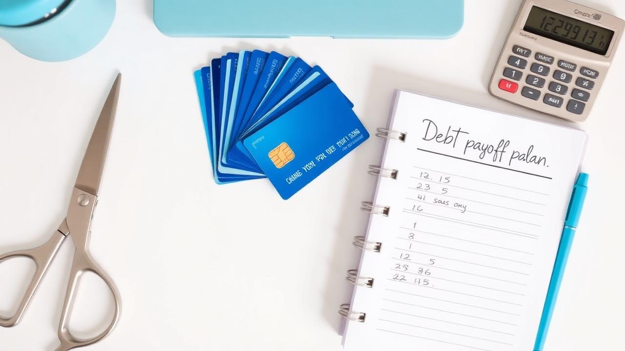 Fan of blue credit cards next to a pair of scissors, a calculator and a notebook with a handwritten debt payoff plan.