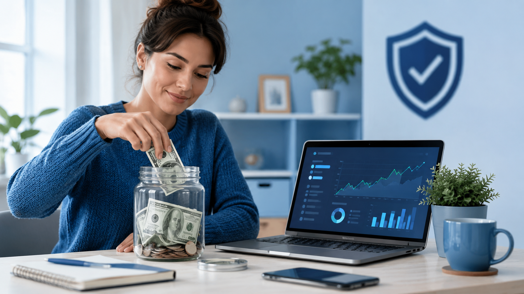 Person building an emergency fund by saving money in a jar.