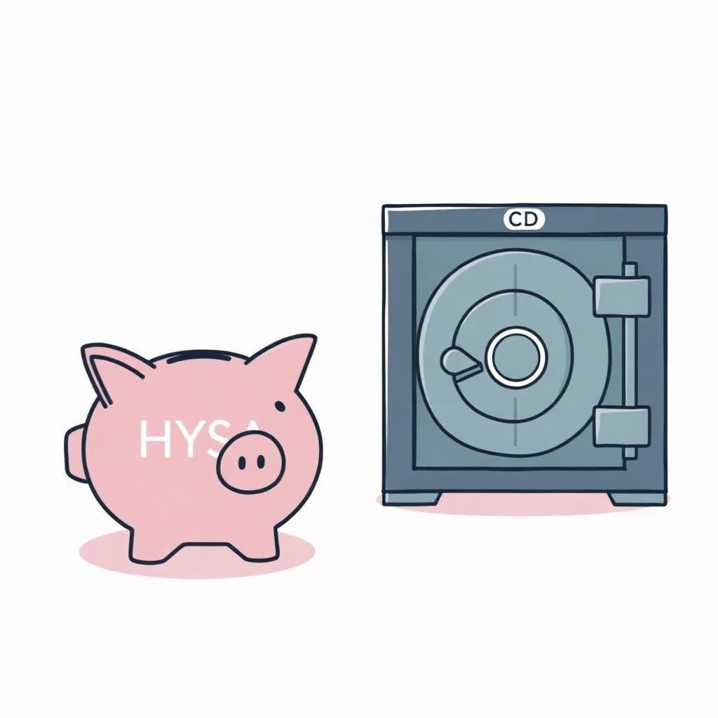 Side-by-side illustration of a piggy bank labeled HYSA and a small vault labeled CD, representing two safe places to keep savings.